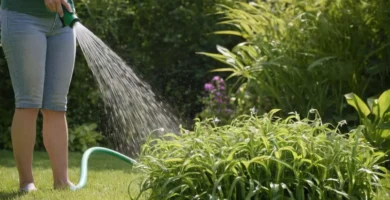 Person holding a garden hose spraying water on plants along text reading Beneficios de las plantas de riego con ajo y agua. Un paisaje soleado con follaje verde toma el escenario central.