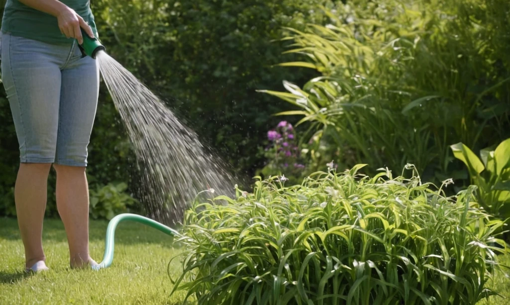 Person holding a garden hose spraying water on plants along text reading Beneficios de las plantas de riego con ajo y agua. Un paisaje soleado con follaje verde toma el escenario central.