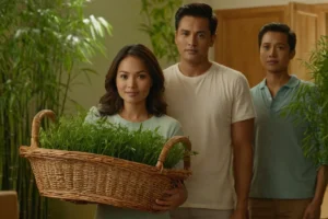 Los miembros de la familia sostienen una canasta de plantas de bambú con la vegetación de su hogar visible detrás de ellos.