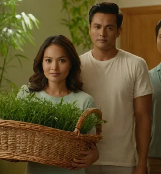 Los miembros de la familia sostienen una canasta de plantas de bambú con la vegetación de su hogar visible detrás de ellos.
