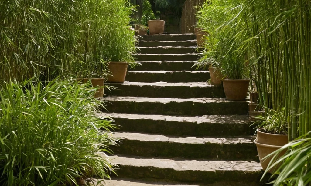 Escalando un conjunto de pasos que conducen a una plataforma elevada con brotes de bambú mirando hacia fuera de planta se para de cualquier lado. El título está en español