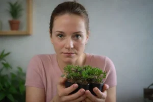 Personas amantes de las plantas que cuidan de su planta única mientras discuten los beneficios de usar la fibra natural para mantenerlos. Las plantas podrían ser una mezcla de variedades suculentas y se exhiben dentro de un marco bellamente decorado en un escritorio de madera.