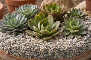 Plantas suculentas a gran escala rodeadas de pequeños tubos llenos de guijarros