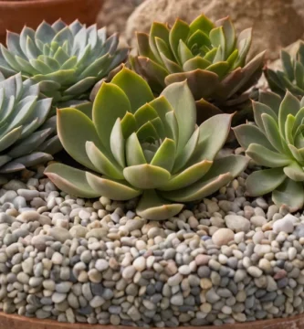 Plantas suculentas a gran escala rodeadas de pequeños tubos llenos de guijarros