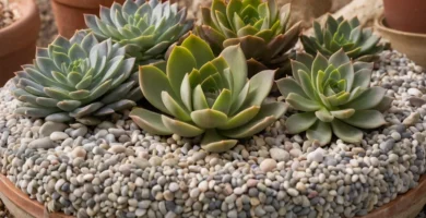 Plantas suculentas a gran escala rodeadas de pequeños tubos llenos de guijarros
