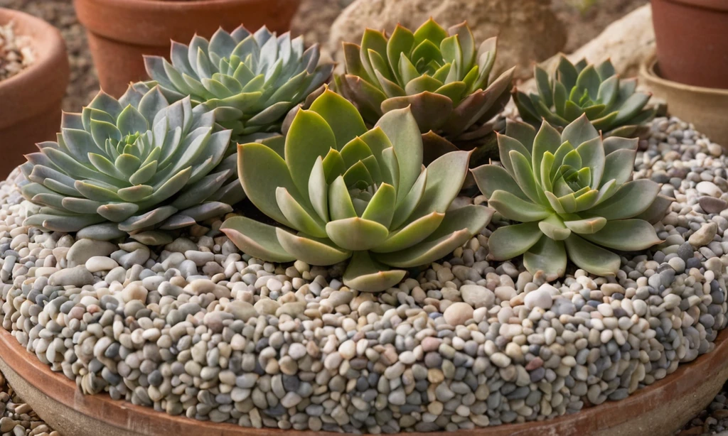 Plantas suculentas a gran escala rodeadas de pequeños tubos llenos de guijarros