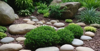 Un jardín con plantas rodeadas de rocas en el fondo