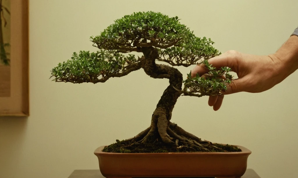 Persona examinando su árbol de bonsai interior