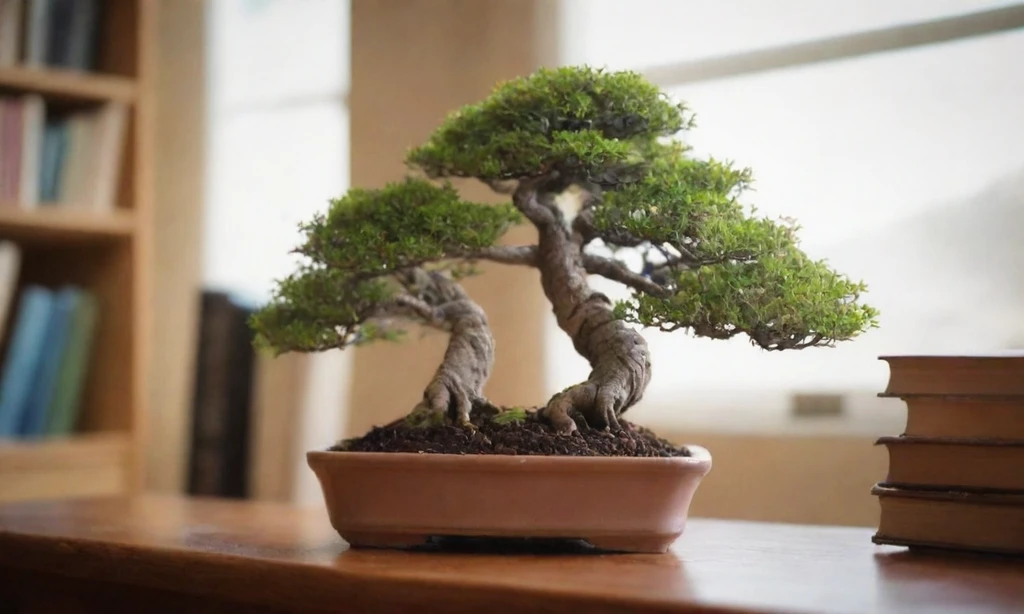 Hombre cultivando árboles bonsai dentro de una olla pequeña en un escritorio