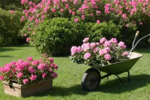 Herramientas y guantes de jardinería que sostienen una pala y carretilla cerca de flores rosadas