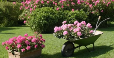 Herramientas y guantes de jardinería que sostienen una pala y carretilla cerca de flores rosadas