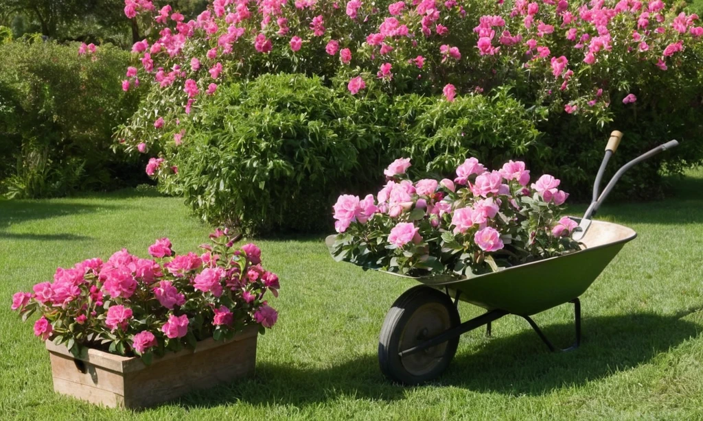 Herramientas y guantes de jardinería que sostienen una pala y carretilla cerca de flores rosadas