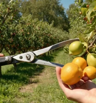 Cortar mantos rodeados de huertos llenos de fruta madura en un día soleado.