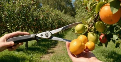 Cortar mantos rodeados de huertos llenos de fruta madura en un día soleado.