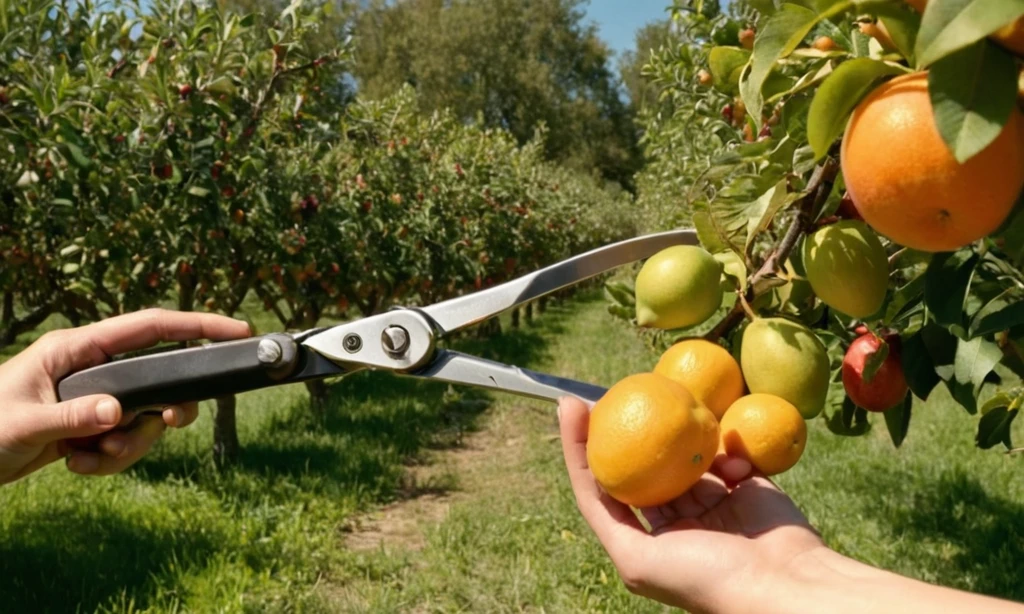 Cortar mantos rodeados de huertos llenos de fruta madura en un día soleado.