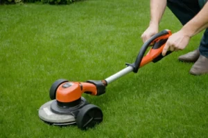 Persona cortando las malas hierbas de su césped verde usando un trimmer de malas hierbas