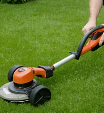 Persona cortando las malas hierbas de su césped verde usando un trimmer de malas hierbas