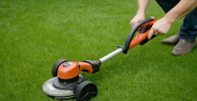 Persona cortando las malas hierbas de su césped verde usando un trimmer de malas hierbas