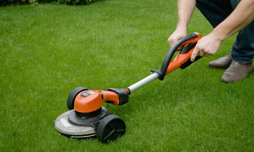 Persona cortando las malas hierbas de su césped verde usando un trimmer de malas hierbas
