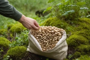 Persona sosteniendo una bolsa llena de hongos brotados con consejos sobre cultivarlos adecuadamente en casa
