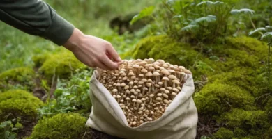 Persona sosteniendo una bolsa llena de hongos brotados con consejos sobre cultivarlos adecuadamente en casa