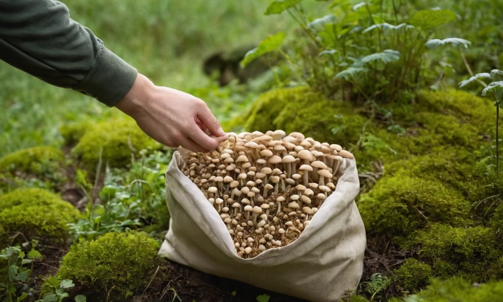 Persona sosteniendo una bolsa llena de hongos brotados con consejos sobre cultivarlos adecuadamente en casa
