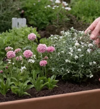 Persona tendiendo a un pequeño jardín de flores con instrucciones de cuidado para proteger las plantas de girasol de la helada durante el invierno. Lados en inglés y español.