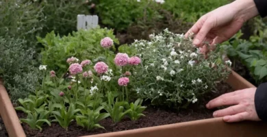 Persona tendiendo a un pequeño jardín de flores con instrucciones de cuidado para proteger las plantas de girasol de la helada durante el invierno. Lados en inglés y español.