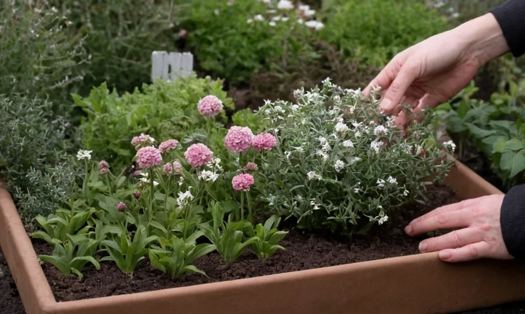 Persona tendiendo a un pequeño jardín de flores con instrucciones de cuidado para proteger las plantas de girasol de la helada durante el invierno. Lados en inglés y español.