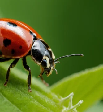 Una mariquita roja que propaga veneno herbicida en una planta