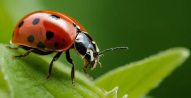 Una mariquita roja que propaga veneno herbicida en una planta