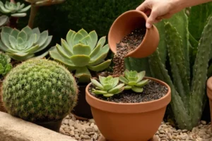 Vela que derrama agua sobre una olla de planta llena de semillas suculentas rodeadas de tierra y piedras decorativas. Esto va acompañado de instrucciones para cuidar de plantas como estas