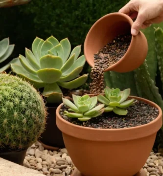 Vela que derrama agua sobre una olla de planta llena de semillas suculentas rodeadas de tierra y piedras decorativas. Esto va acompañado de instrucciones para cuidar de plantas como estas