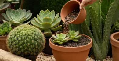 Vela que derrama agua sobre una olla de planta llena de semillas suculentas rodeadas de tierra y piedras decorativas. Esto va acompañado de instrucciones para cuidar de plantas como estas