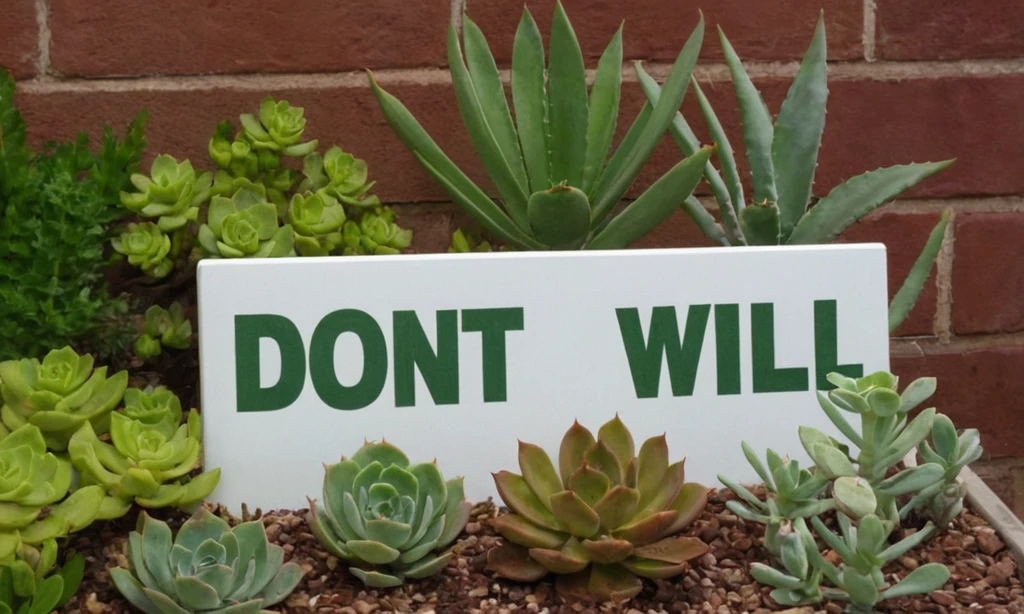 Signos indicativos No Wilt Your Succulents: Cómo identificar el riego excesivo. En letras grandes en la parte inferior: CÓMO. Esto parece ser un signo de una iniciativa de jardín urbano que educa sobre el cuidado de las plantas