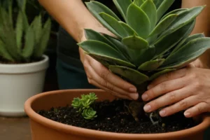 Planta de casa regada a mano con consejos sobre riego adecuado. En español: Mantener tus succulentes saludables con estos consejos de riego.