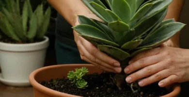 Planta de casa regada a mano con consejos sobre riego adecuado. En español: Mantener tus succulentes saludables con estos consejos de riego.