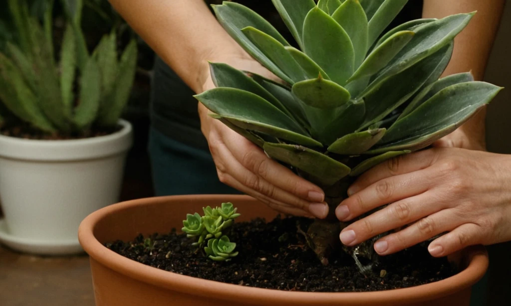 Planta de casa regada a mano con consejos sobre riego adecuado. En español: Mantener tus succulentes saludables con estos consejos de riego.