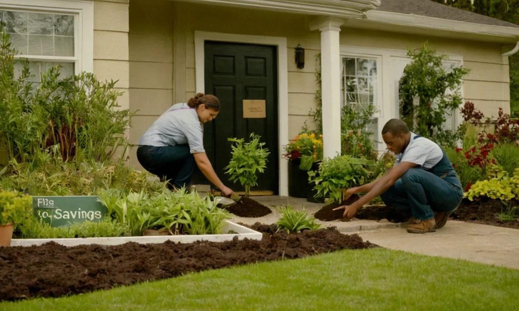 Imagen cortada de personas que trabajan al aire libre plantando y cultivando vida vegetal junto a una entrada frontal de la casa con un signo de ahorro en el fondo.