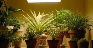 Especímenes de plantas que prosperan dentro de una habitación iluminada con plantas que reciben una fuente de luz dirigida por expertos. (Español)