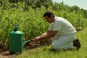 Persona que maneja una plataforma de pulverización de plaguicidas