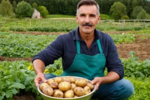 Jardinero de habla hispana con un tazón de patatas recién cosechadas