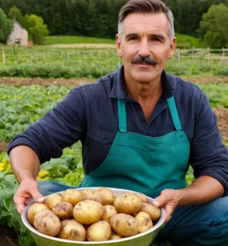 Jardinero de habla hispana con un tazón de patatas recién cosechadas