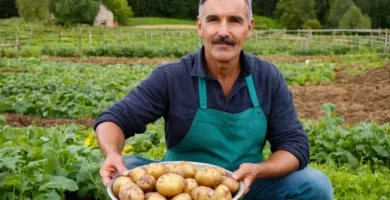 Jardinero de habla hispana con un tazón de patatas recién cosechadas