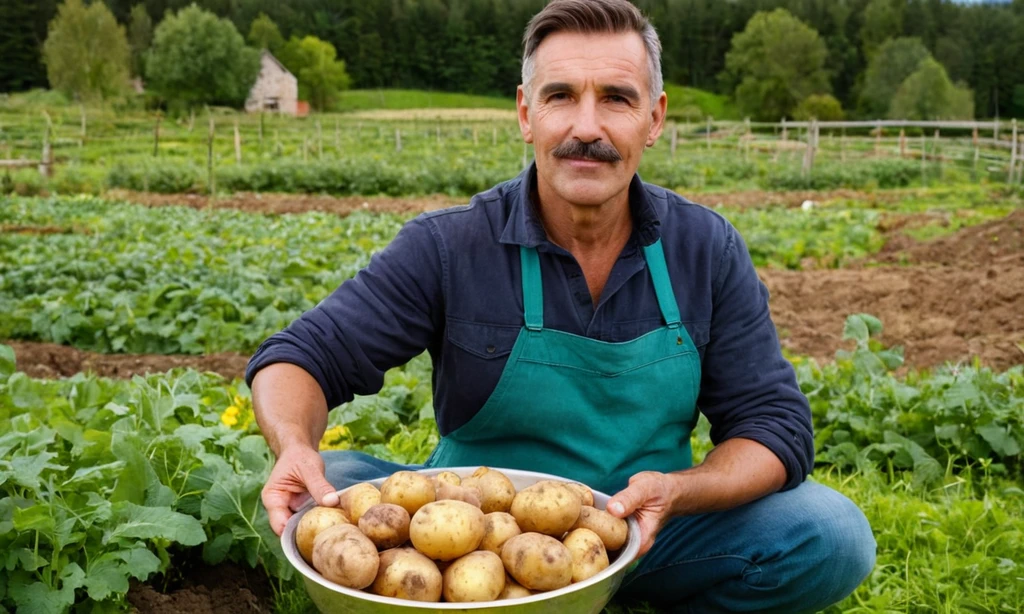 Jardinero de habla hispana con un tazón de patatas recién cosechadas