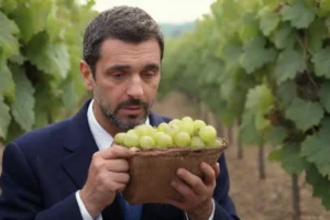 Mujer arrancó cuidadosamente las pequeñas flores blancas conocidas como Tomillo de su vid y discutió métodos de cosecha con un compañero de trabajo en una bodega