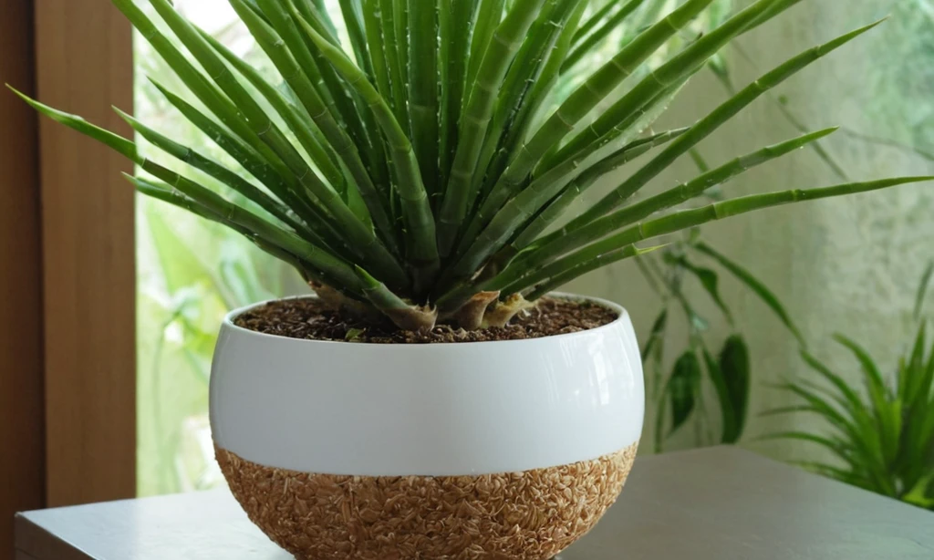 Planta suculenta recibiendo un crecimiento amplio de la estructura de soporte de fibra de bambú-cococo en su olla. Mostrando aspecto verde y blanco exuberante con una base llena de agua.