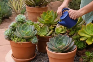 Jardín botánico entusiasta riego plantas suculentas con solución de líquido coloreado. Nota: En inglés Para maximizar el crecimiento de su planta del desierto a través de nutrientes esenciales
