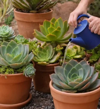 Jardín botánico entusiasta riego plantas suculentas con solución de líquido coloreado. Nota: En inglés Para maximizar el crecimiento de su planta del desierto a través de nutrientes esenciales