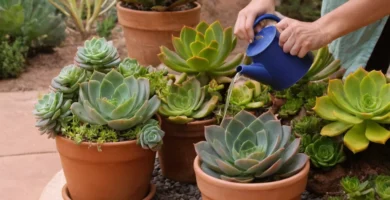 Jardín botánico entusiasta riego plantas suculentas con solución de líquido coloreado. Nota: En inglés Para maximizar el crecimiento de su planta del desierto a través de nutrientes esenciales